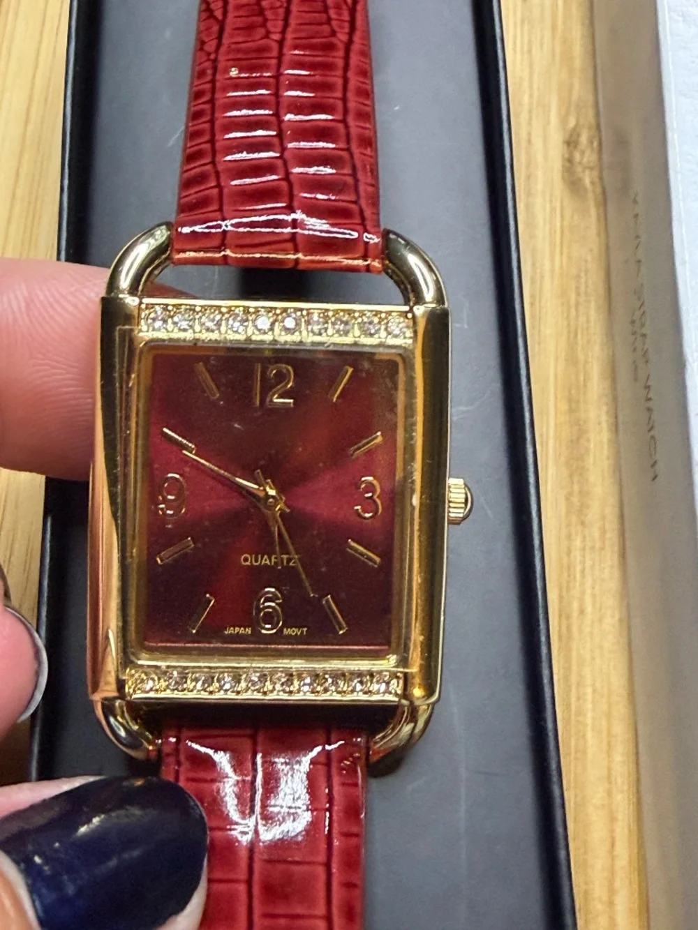 Avon Kayla Quartz Wine Red Faux Croc Strap Gold Crystal Rectangle Bezel Watch